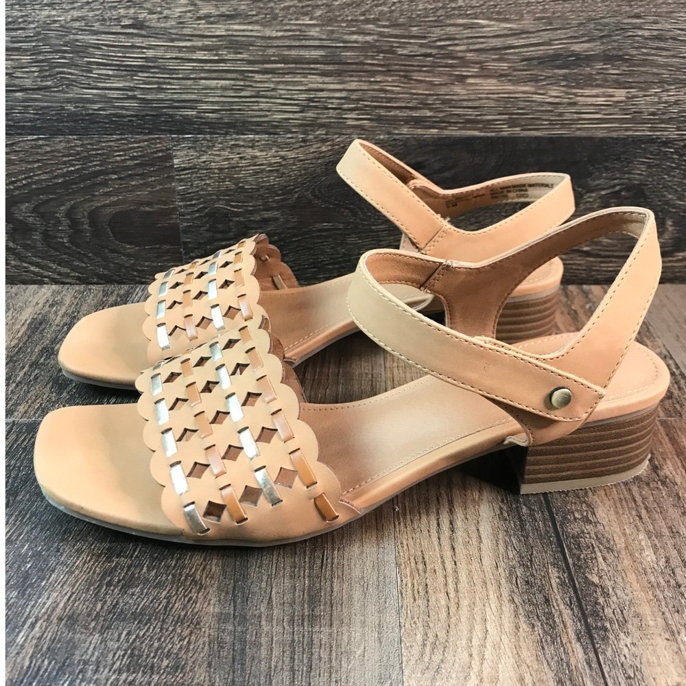 White Mountain Alumina Tan Woven Scalloped Block Heel Sandals Size 9M Career